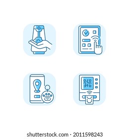Contactless technology blue RGB color icons set. Predictive touch technology to reduce contact with many surfaces. Cardless atm. Isolated vector illustrations