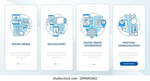 Contactless technology for hotels blue onboarding mobile app screen. Walkthrough 4 steps graphic instructions pages with linear concepts. UI, UX, GUI template. Myriad Pro-Bold, Regular fonts used