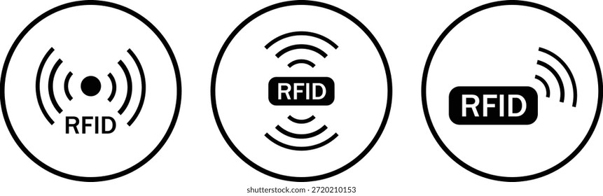 Iconos de Tecnología sin contacto. Símbolo inalámbrico RFID. Diseño gráfico del sensor de proximidad. Señales de control de acceso y de regulación de seguridad
