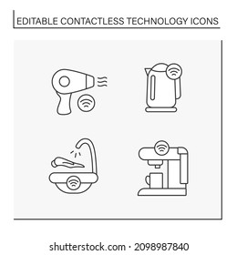 Contactless technology line icons set. Wi-fi enabled coffee maker, hand washing station, hairdryer, electric kettle. Touchless device concept. Isolated vector illustrations. Editable stroke