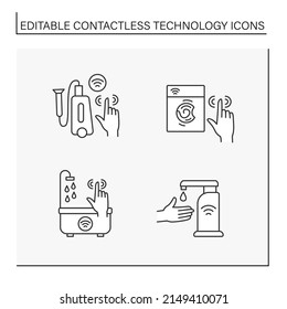 Contactless technology line icons set. Vacuum cleaner, washing machine, shower, hand washing and disinfection station. Touchless device concept. Isolated vector illustrations. Editable stroke