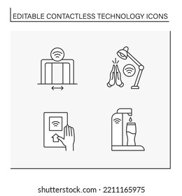 Contactless technology line icons set. Elevator door controller, sound-activated light,subway pass, sparkling water.Touchless device concept. Isolated vector illustrations. Editable stroke