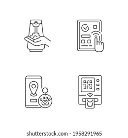 Contactless technology linear icons set. Predictive touch technology to reduce contact with surfaces. Customizable thin line contour symbols. Isolated vector outline illustrations. Editable stroke