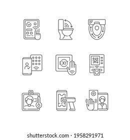 Contactless technology linear icons set. Smart home devices with interaction through device. Customizable thin line contour symbols. Isolated vector outline illustrations. Editable stroke