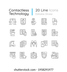 Contactless technology linear icons set. Controlling house eco system from smartphone. Reducing germs. Customizable thin line contour symbols. Isolated vector outline illustrations. Editable stroke