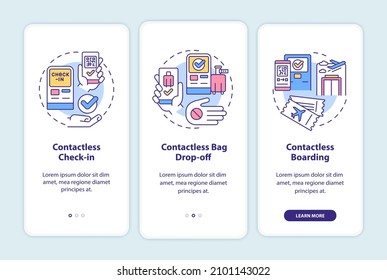 Contactless technology for travel onboarding mobile app screen. Service walkthrough 3 steps graphic instructions pages with linear concepts. UI, UX, GUI template. Myriad Pro-Bold, Regular fonts used