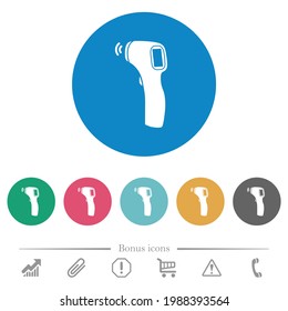 Contactless thermometer flat white icons on round color backgrounds. 6 bonus icons included.