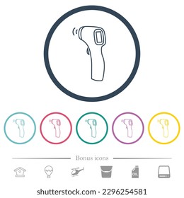 Contactless thermometer outline flat color icons in round outlines. 6 bonus icons included.