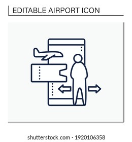 Contactless ticket line icon. Forced distance in queue due to pandemic. Limit queuing spaces. Online tickets reservation. Airport new normal concept. Isolated vector illustration.Editable stroke