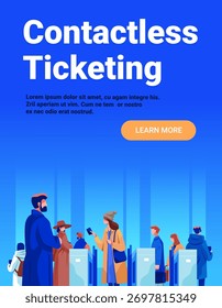 Pasajeros de acceso digital sin contacto que escanean los teléfonos en los torniquetes Sistema moderno de transporte público Fondo azul de gradiente landing page