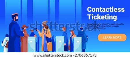 Contactless ticketing people using smartphones at turnstiles urban commuters modern public transport blue gradient background website banner