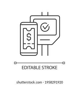 Contactless ticketing in public transport linear icon. Not required contact with payment device. Thin line customizable illustration. Contour symbol. Vector isolated outline drawing. Editable stroke