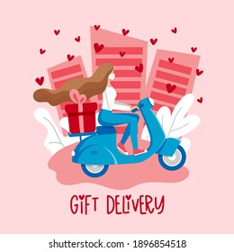 Contactless Valentines day delivery coronavirus online shopping concept. Girl courier in medical mask delivers box on scooter. Valentine Gift delivery service, Non contact shipping vector illustration