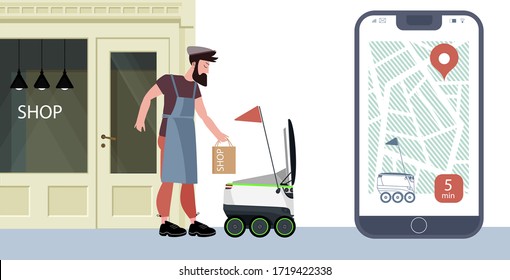 Contactless vector delivery concept illustration. Robot courier delivers, brings parcels to the house. The use of modern technology in courier delivery. tracking  via smartphone via GPS 