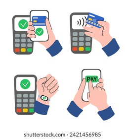 Contactless wireless cashless payment set. Hands paying with bank debit cards, POS terminal, mobile phone app, smartwatch. Flat graphic vector illustration.