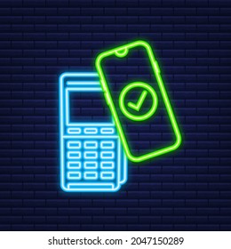 Logo de signo de pago inalámbrico sin contacto. Tecnología NFC. Icono de Neon. Ilustración vectorial.