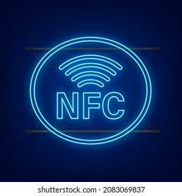 Logo de signo de pago inalámbrico sin contacto. Icono de Neon. Tecnología NFC. Ilustración de material vectorial