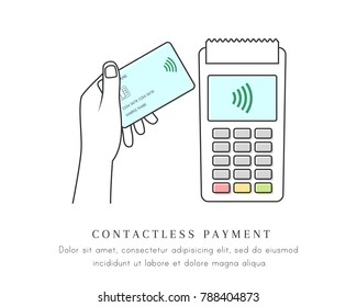 Contactless and wireless payment with hand holding card over the reader of a POS terminal. Paying and transaction concept with NFC technology. Line art on white background.