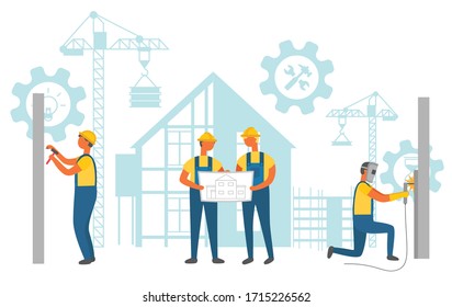 Contactors discussing project, builder drilling and hammering bolt into wall. Silhouette of building house, crane and wrench, repair technology vector