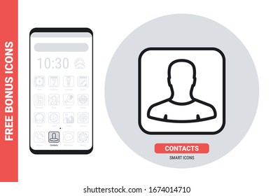 Contacts or address book application icon for smartphone, tablet, laptop or other smart device with mobile interface. Simple black and white version. Contains free bonus icons