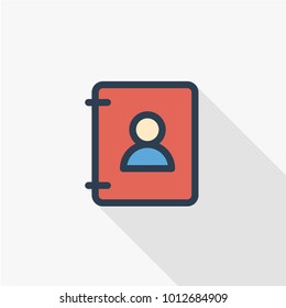 Contacts, address book thin line flat color icon. Linear vector illustration. Pictogram isolated on white background. Colorful long shadow design.