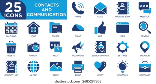 Kontakt und Kommunikation, Design, Internet, Website, Chat, Computer-Icon-Set. Kollektion von Gliederungssymbolen. Einfache Vektorgrafik