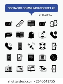 Contacts Communication Fill Icon Set – Vector Fill Icons of Phone, Email, Chat, User Profile, Address Book, Messaging, and Digital Communication Symbols for Web, App, and Business Use