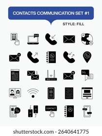 Contacts Communication Fill Icon Set – Vector Fill Icons of Phone, Email, Chat, User Profile, Address Book, Messaging, and Digital Communication Symbols