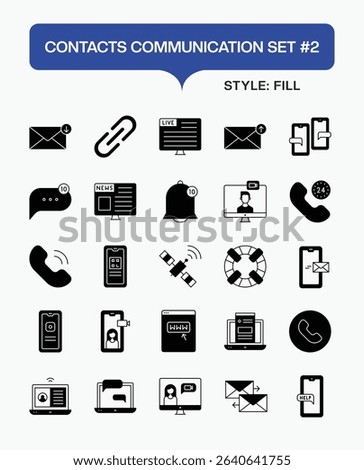 Contacts Communication Fill Icon Set – Vector Fill Icons of Phone, Email, Chat, User Profile, Address Book, Messaging, and Digital Communication Symbols for Web, App, and Business Use