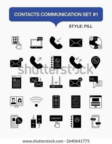 Contacts Communication Fill Icon Set – Vector Fill Icons of Phone, Email, Chat, User Profile, Address Book, Messaging, and Digital Communication Symbols
