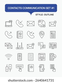 Contacts Communication Outline Icon Set – Vector Line Icons of Phone, Email, Chat, User Profile, Address Book, Messaging, and Digital Communication Symbols for Web, App, and Business Use