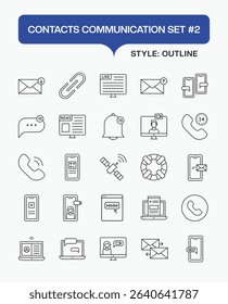 Contacts Communication Outline Icon Set – Vector Line Icons of Phone, Email, Chat, User Profile, Address Book, Messaging