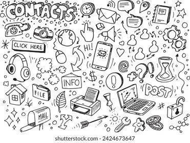 Contacts doodles vector elements set, hand drawn illustration on white paper