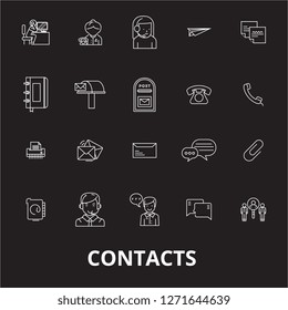 Contacts editable line icons vector set on black background. Contacts white outline illustrations, signs, symbols