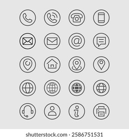 Contacts editable stroke icons in various styles. Set includes phone, email, location, website, and communication symbols. Scalable vector design, easy to customize for UI, web, and print use.