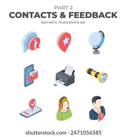 Contactos y Vector de Comentarios isométrico, iconos web de color, estilo plano 3d. Diseño de ilustraciones creativas, idea gráfica para infografías.