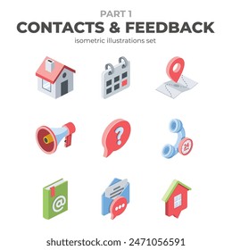 Contacts and Feedback Vector isometric, color web icons, 3d flat style. Creative illustrations design, graphic idea for infographics.