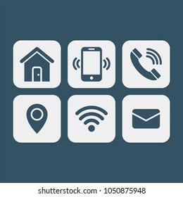 Contacts flat vector icons set. Mobile phone, telephone, wifi, gps, home, email flat vector icons