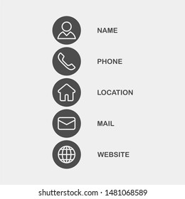 Contacts flat vector icons set. Phone, name, location, email, website flat vector icons