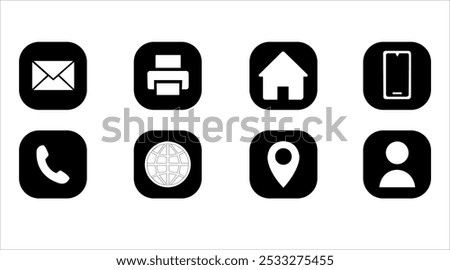 Contacts flat vector icons set. Email, fax, place, mobile, phone, website, location, name flat vector icons