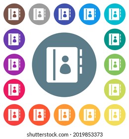 Contacts flat white icons on round color backgrounds. 17 background color variations are included.
