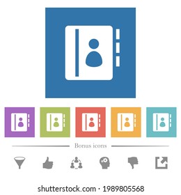 Contacts flat white icons in square backgrounds. 6 bonus icons included.