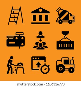 contacts, freight, banking, woodworker, top and crane icon vector set. Flat vector design with filled icons. Designed for web and software interfaces