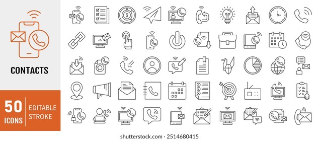 Contacts icon collection. Containing phone, email, chat, location, calendar icon. Simple line vector.