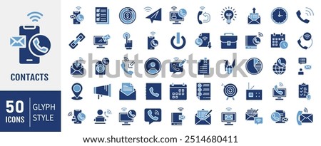 Contacts icon collection. Containing phone, email, chat, location, calendar icon. Simple flat vector.