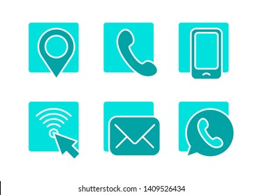 Contacts icon - location (geo pin), phone (handset and mobile), website (wi-fi network and cursor), e-mail (envelope) and messenger (phone sign inside message bubble) icons