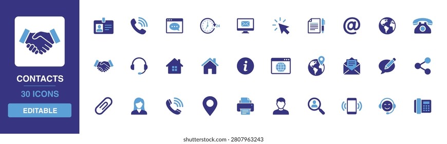 Contacts icon set showcasing customer communication channels, telephone hotlines, email messaging, local office address locations and digital interaction glyph symbols for business helpdesk websites.