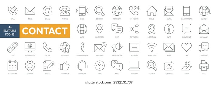 Contacts icons set , 55 editable stroke icons contact , Contact Us web icons in line style. Web and mobile icon. Chat, support, message, phone. Vector illustration white background best icons stroke