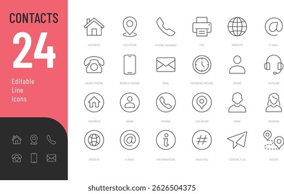 Contacts Line Editable Icons set. Vector illustration in modern thin line style of address, telephone, mail icons, and more. Isolated on transparent background.