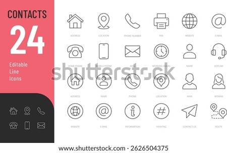 Contacts Line Editable Icons set. Vector illustration in modern thin line style of address, telephone, mail icons, and more. Isolated on transparent background.